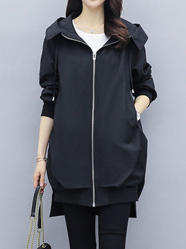 Casual Loose 4 Colors Pleated Zipper Hooded Long Sleeves Outwear