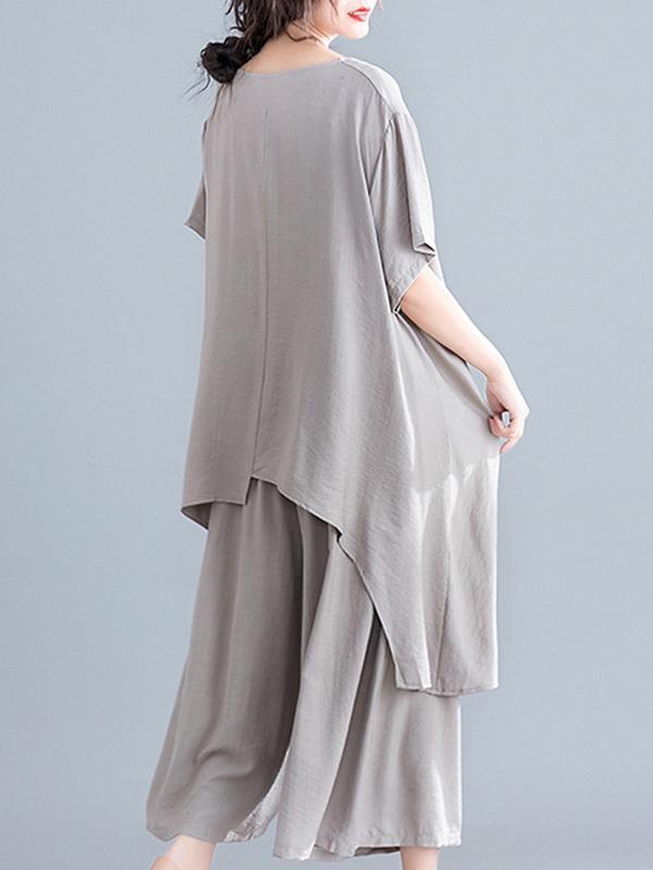 Two-Pieces Solid Pleated Cropped T-Shirt And Wide Leg Pants Suits