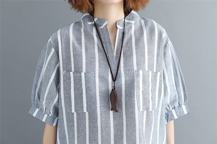 Stand-Up Collar Plus Size Loose Striped Blouses Shirts Top