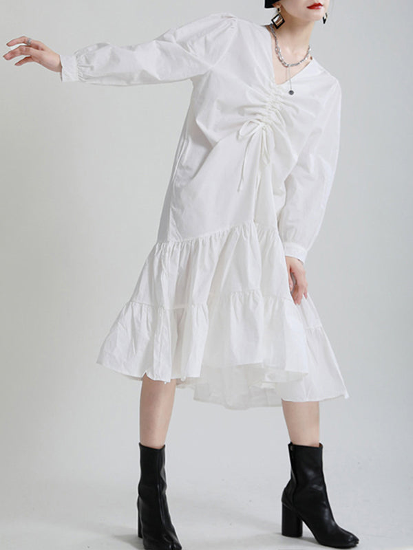 String Pleated Ruffle Long Sleeve Dress