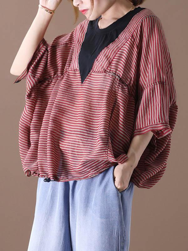 Artistic Striped Split-Joint V-Neck Tops