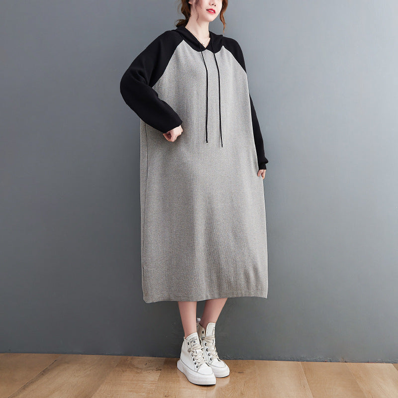 Retro Loose Color-Block Hooded Midi Dress