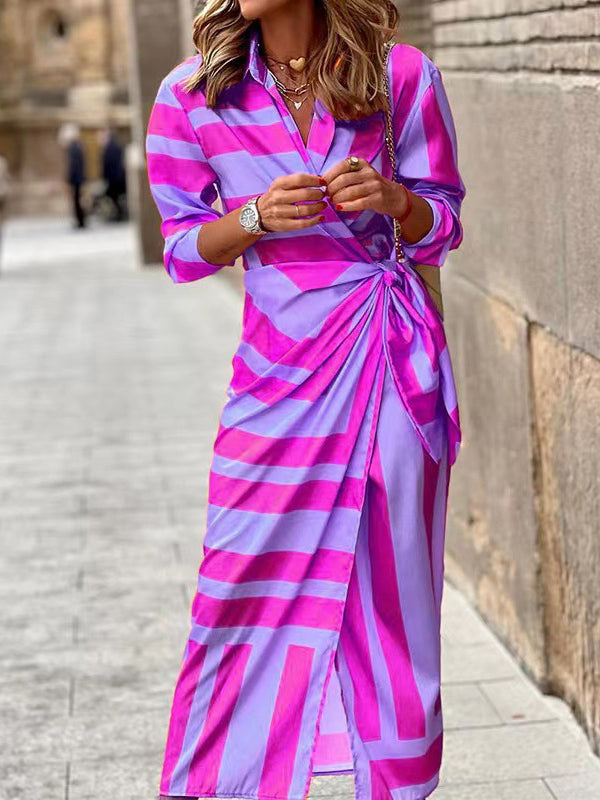 High Waisted Long Sleeves Asymmetric Knot Printed Striped Lapel Maxi Dresses