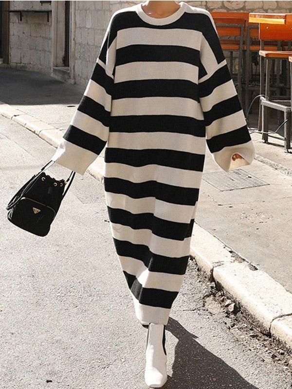 Knitting Loose Stripe Cotton Long Dress