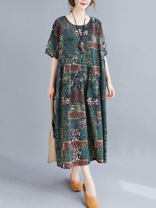 Artistic Retro Printed Round-Neck Dress