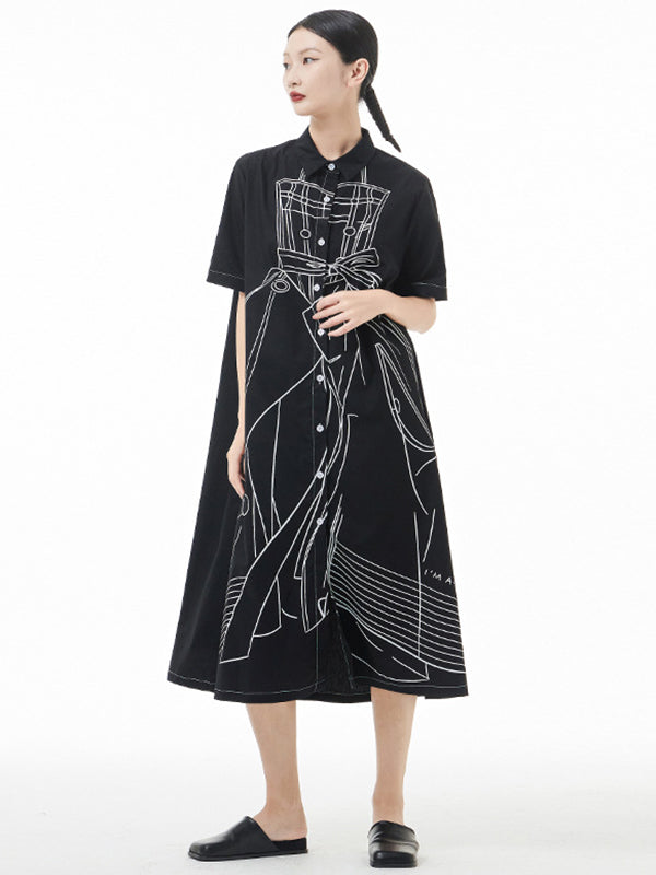 Original Roomy Fashion Stamped Midi Shirt Dress