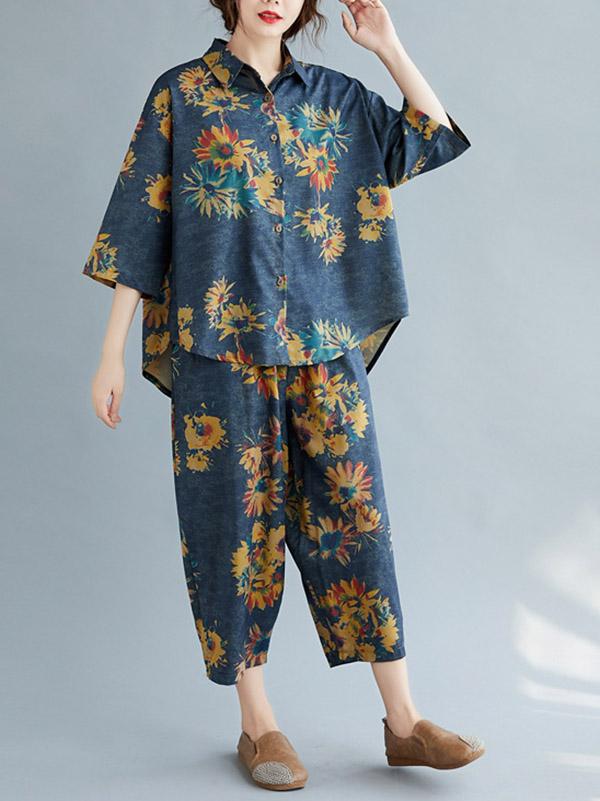 Casual Floral Shirt Blouse Tops+Harem Pants Suits