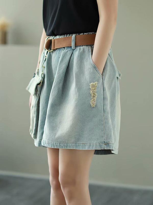 Vintage Elastic Waist Large Pocket Wide Leg Jean Shorts