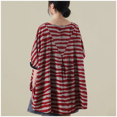 Casual Loose Color Matching Striped Bat Sleeve T-Shirt