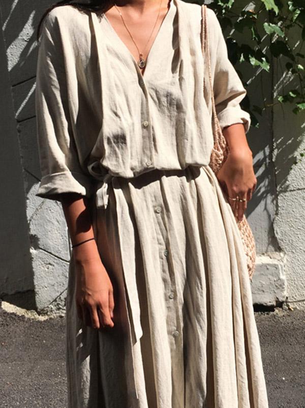 Retro Linen Lace-up Long Dress