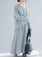 Loose Knitting Round-neck Sweater+Skirt Suits