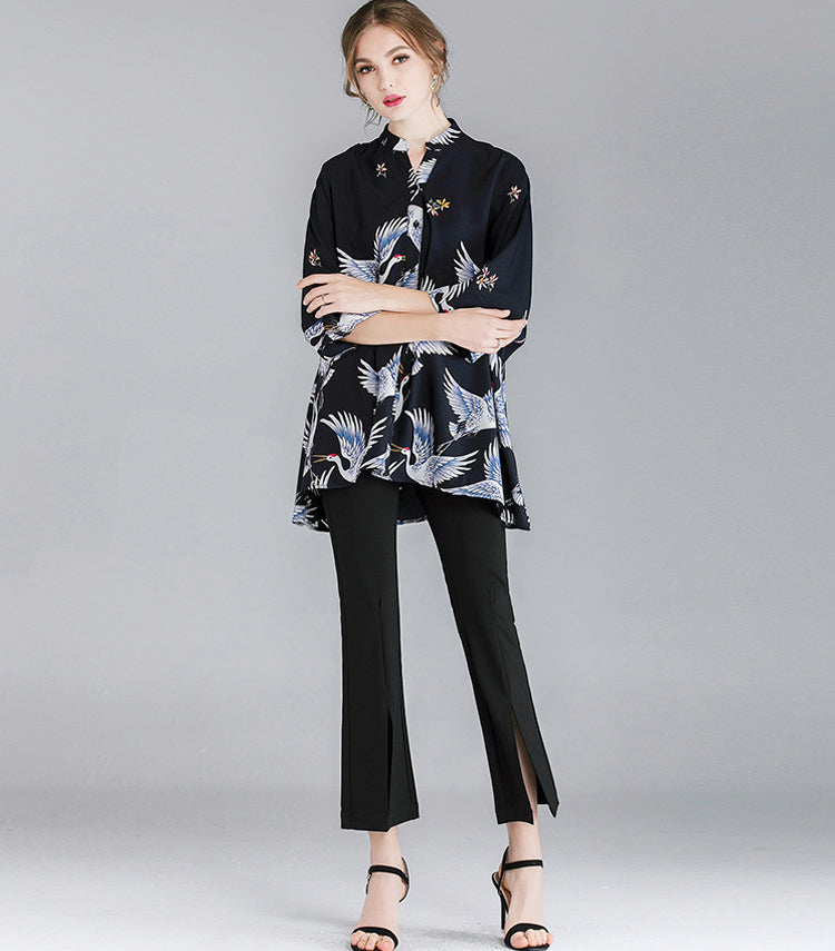 Crane Print Loose Oversized Shirt