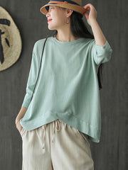 Solid Color Loose Round Neck Cropped T-Shirt