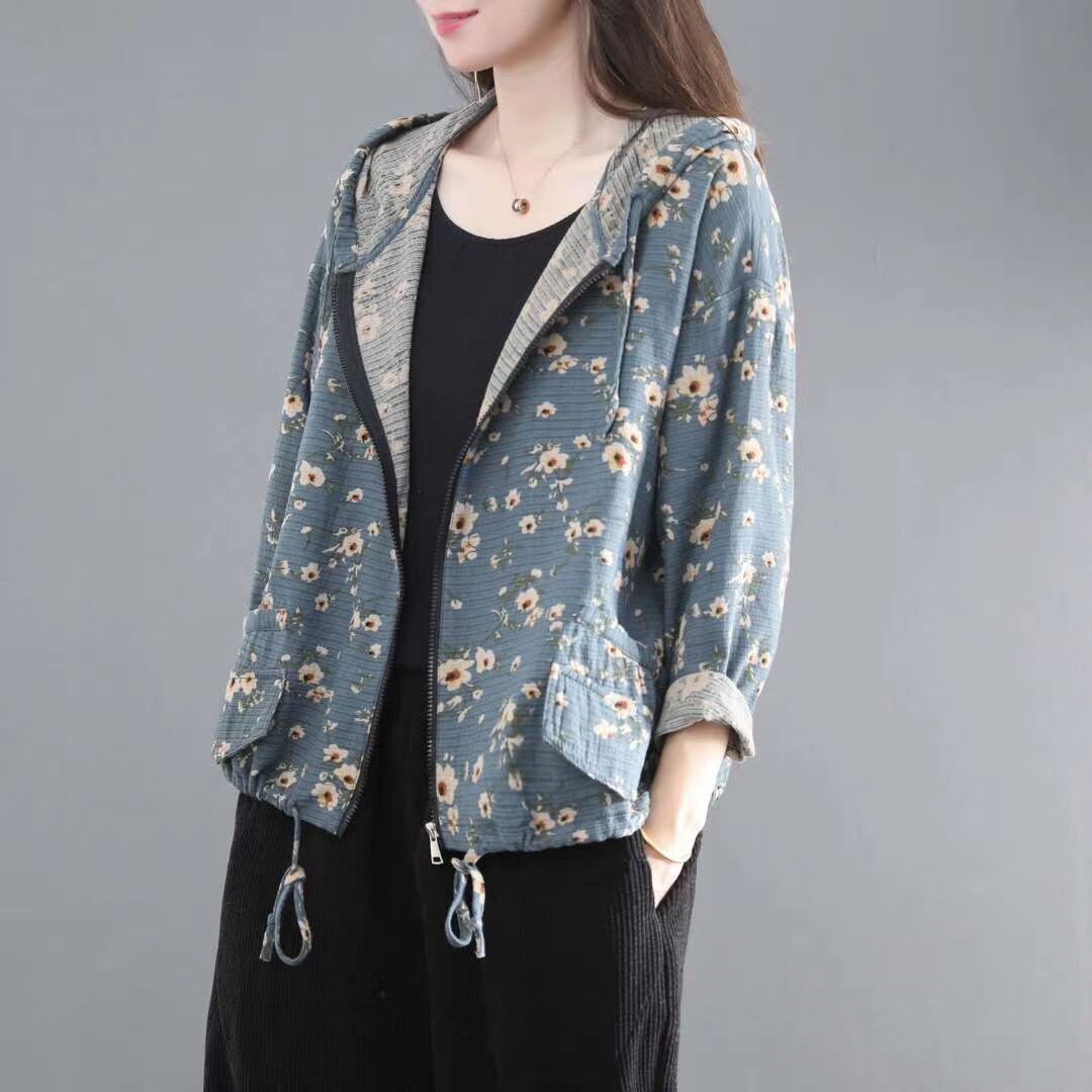 Women Hooded Printed Zip Drawstring Coat