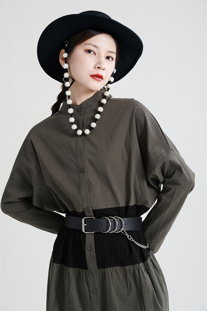 Stitching Contrast Color Loose Big Swing Long Sleeve Dress