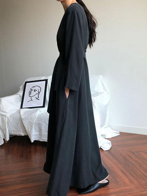 2 Colors V-neck Long Sleeves Belted Maxi Dress