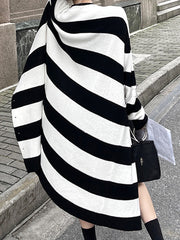 Black And White Contrast Color Striped Long Knitted Coat