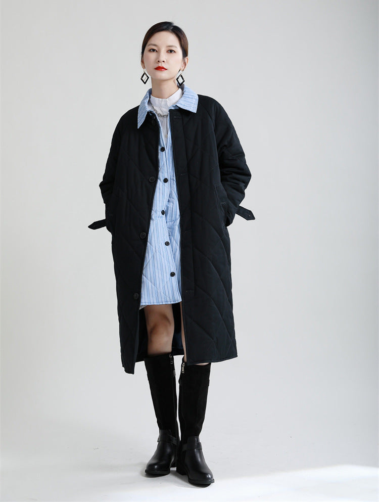 Retro Splicing Lapel Collar Midi Cotton Outwear