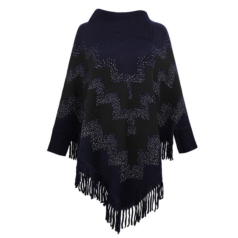 Loose Tassel Abstract Printed Knitted Shawl Sweater