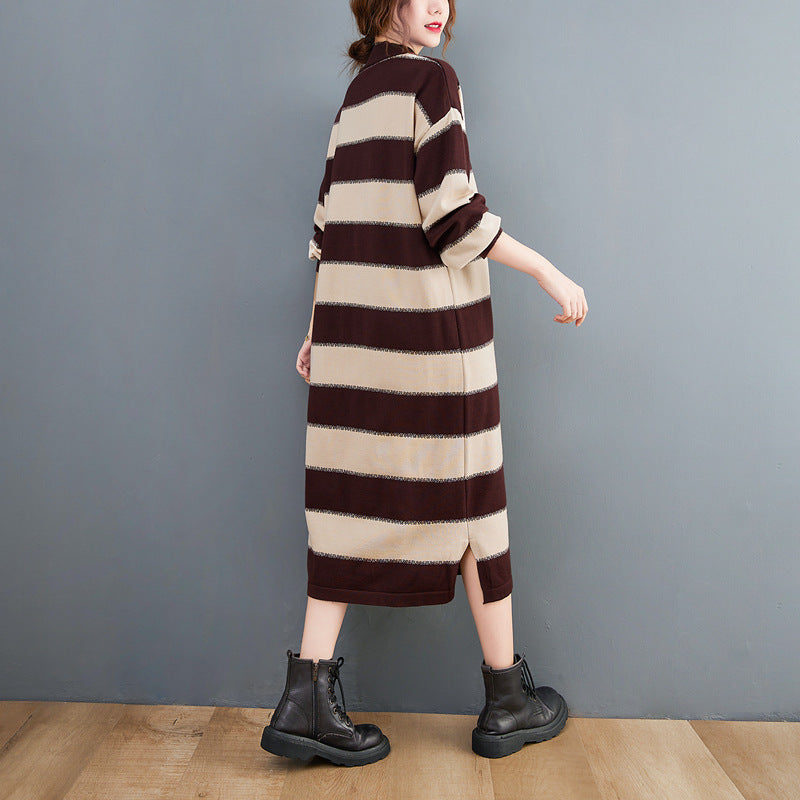 Loose High Neck Wide Striped Knitted Sweater Dress