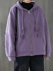 Causal Solid Zipper Hooded Coat