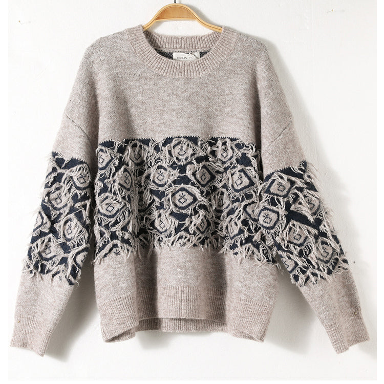 Vintage Jacquard Tassel Round Neck Knitted Loose Sweater