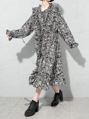 Women Floral Polka Dot Puff Sleeve Dress