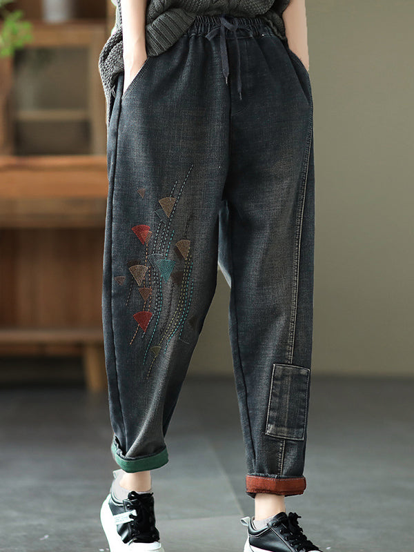 Casual Elastic Waist Embroidered Denim Pants