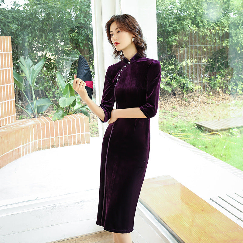 Vintage Stand Up Collar Black Seven Part Sleeve Cheongsam Maxi Dress