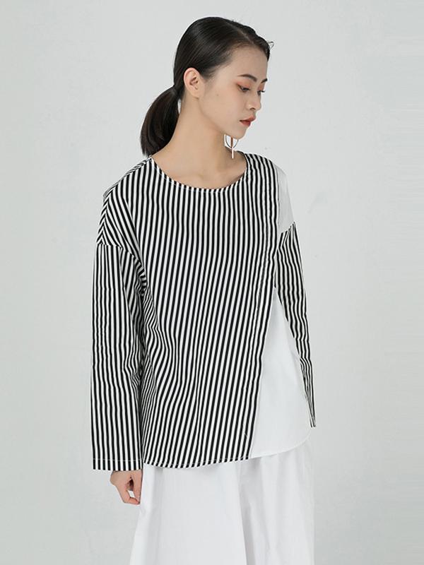 Contrast Color Stripe Cropped Pleated Splicing T-Shirt