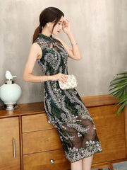 Lace Embroidered Long Cheongsam Midi Dress