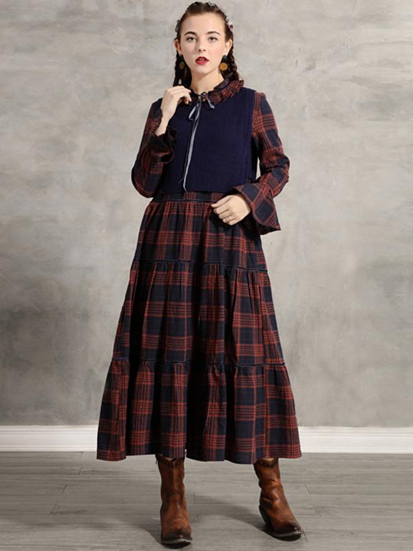 Vintage Pleated Bow Plaid Doll-Neck Midi Dress