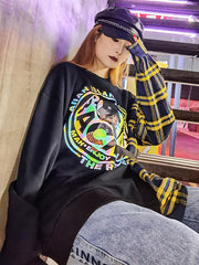 Fashion Roomy Contrast Color Stamped Plaid Split-Joint Sweatshirt