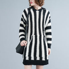 Loose Striped Hooded Knitted Mini Dress