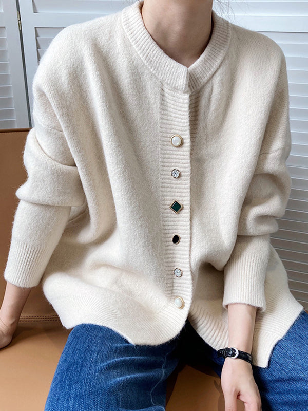 Women Round Neck Loose Solid Color Casual Coat