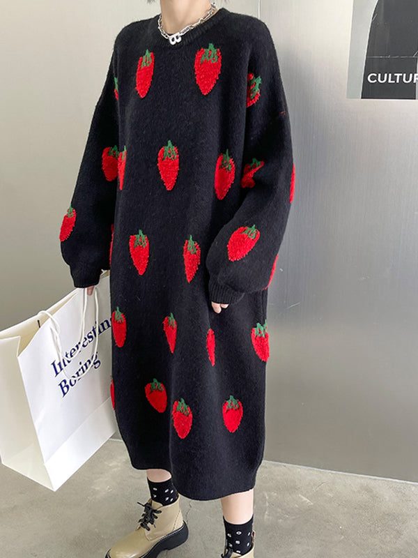 Loose Strawberry Jacquard Knit Midi Dress