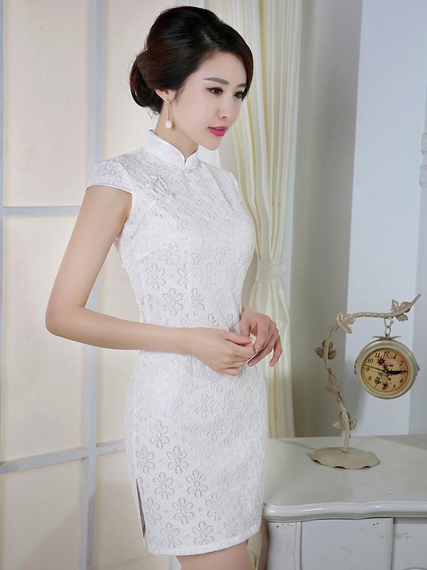 White Lace Short Cheongsam Dress