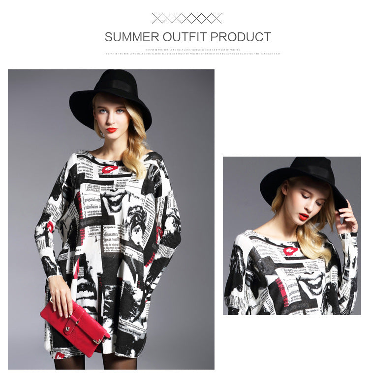 Loose Printed Knitted Midi Sweater