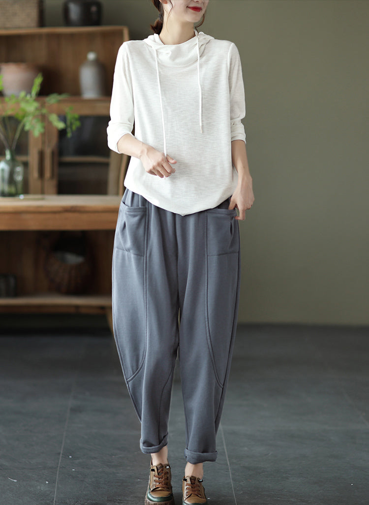 Solid Color Pit Striped Hooded Loose T-Shirt