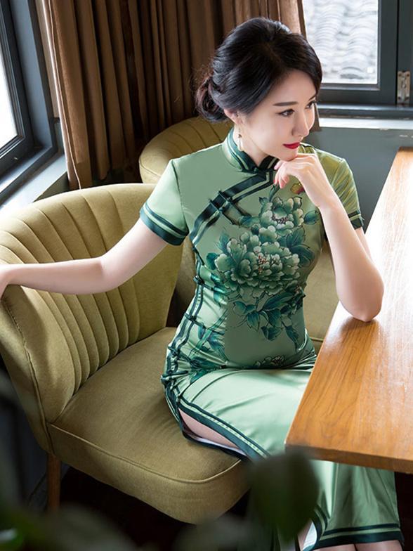 Green Peony Flower Side Split Long Cheongsam