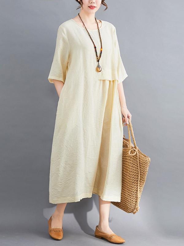 Loose Solid Color Round Neck Dress