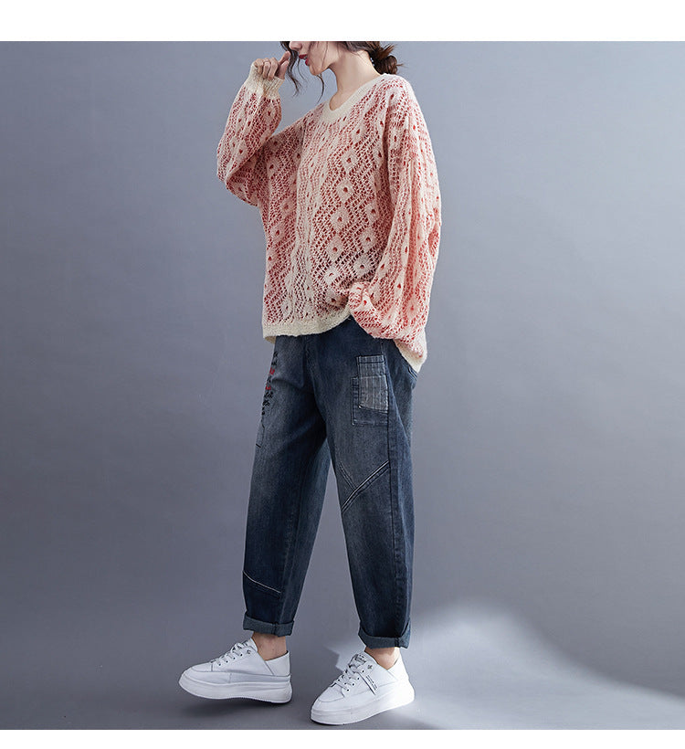 Women Hollow Simple Loose Round Neck Sweater