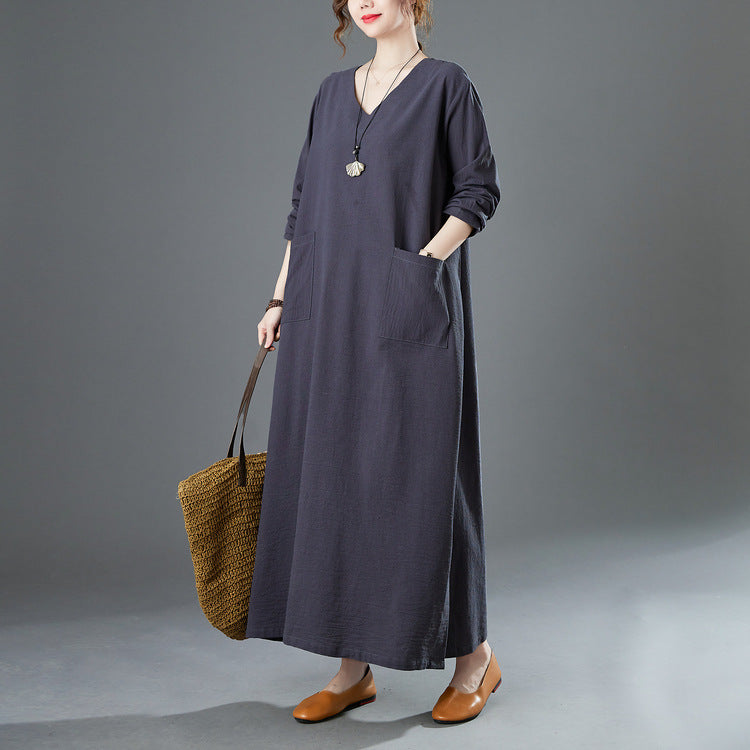 Vintage Solid Color V-Neck Midi Dress