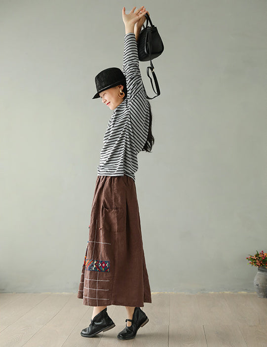 Embroidered Retro Elastic Waist Skirt