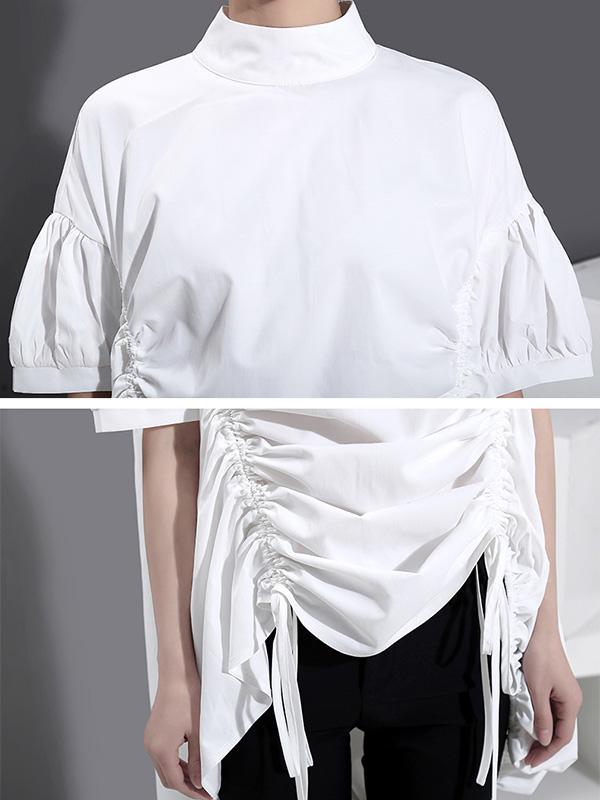 Loose Drawstring Lace-Up Short Sleeve Stand Collar Shirt