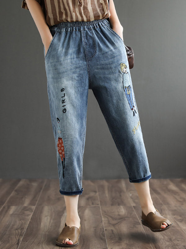 Original Cartoon Printed Denim Capri-Pants