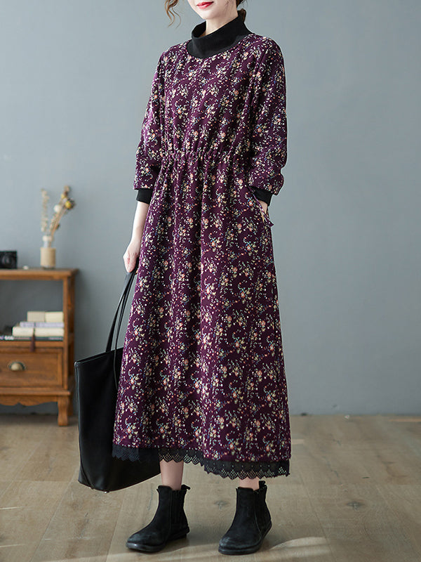 Patchwork Collar Floral Lace-Up Long Midi Dress