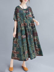 Artistic Retro Printed Round-Neck Dress