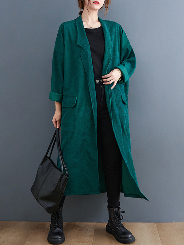 Retro Solid Color Corduroy Long Cardigan Coat