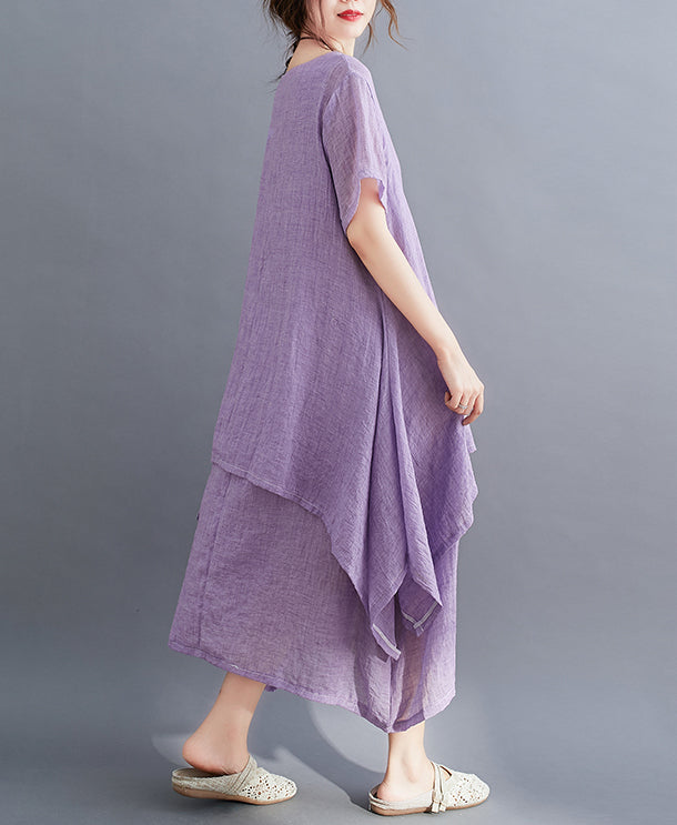 Retro Round Neck Solid Color Irregular Casual Dress
